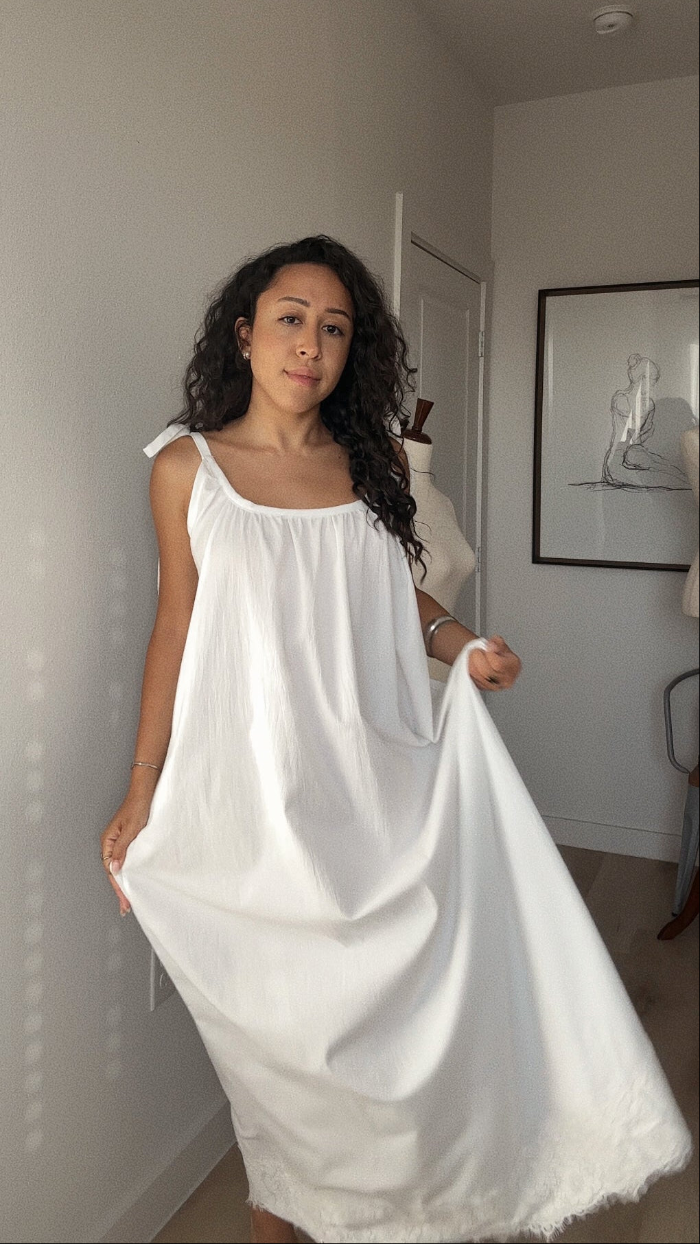 Gathered Cotton Maxi Dress with Tie-Straps and Lace Trim