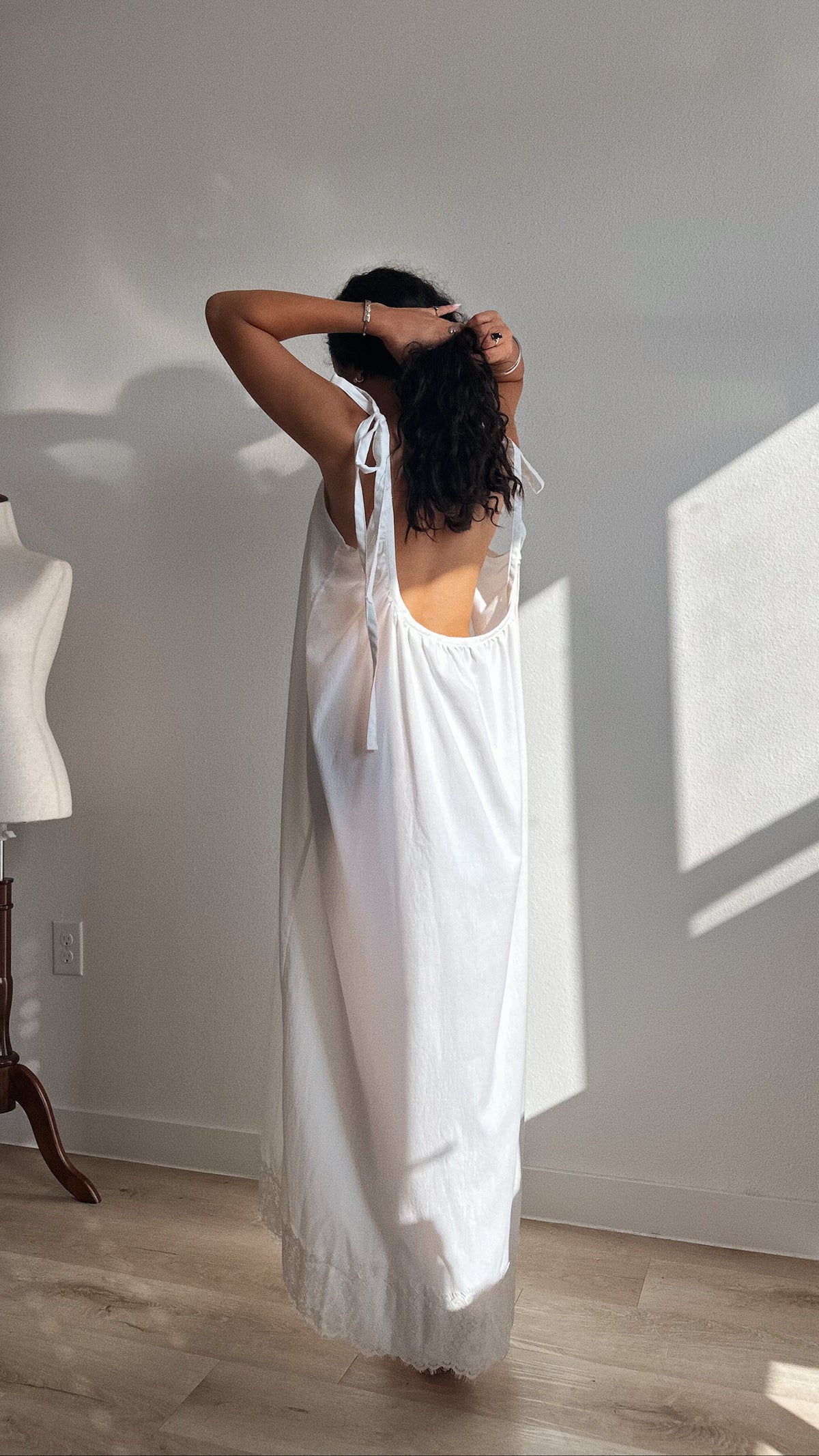 Gathered Cotton Maxi Dress with Tie-Straps and Lace Trim
