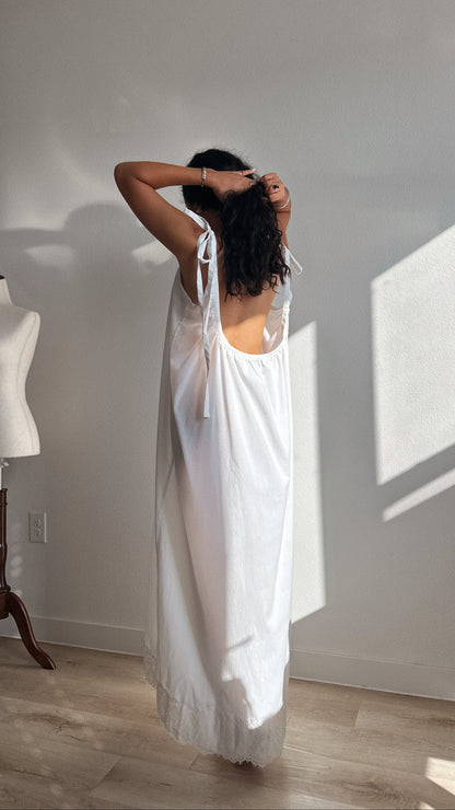 Gathered Cotton Maxi Dress with Tie-Straps and Lace Trim