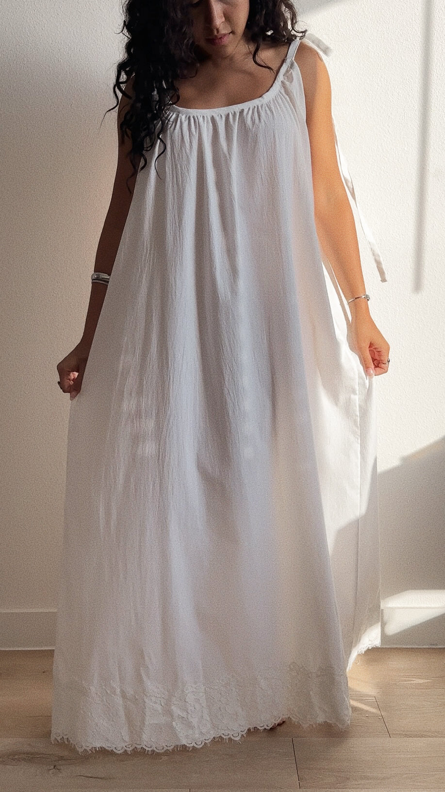 Gathered Cotton Maxi Dress with Tie-Straps and Lace Trim