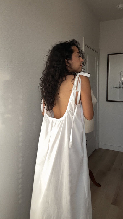 Gathered Cotton Maxi Dress with Tie-Straps and Lace Trim