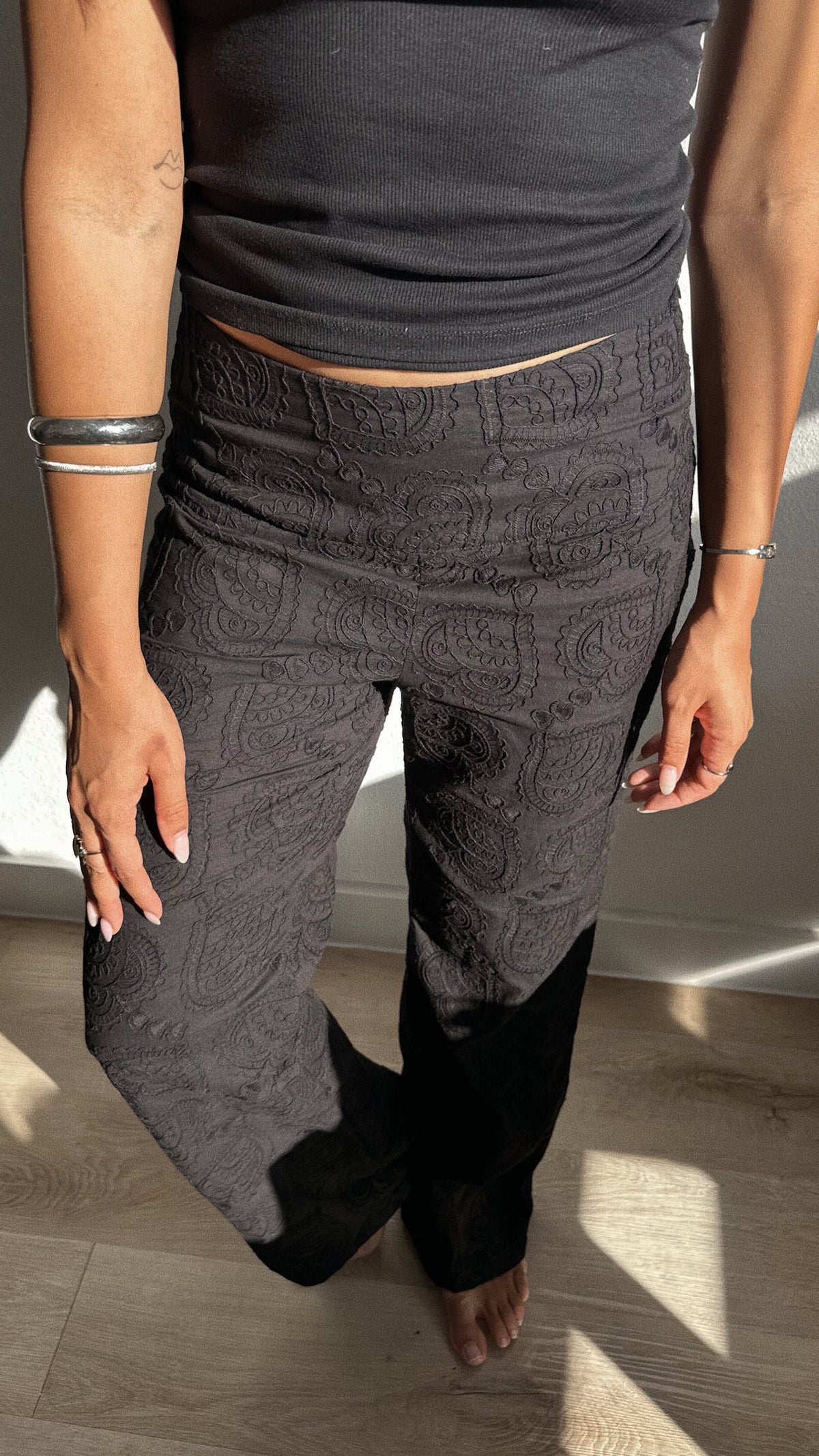 Embroidered Paisley Heart Cotton Pants
