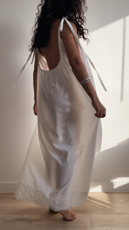 Gathered Cotton Maxi Dress with Tie-Straps and Lace Trim