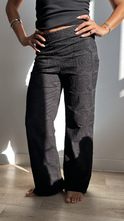 Embroidered Paisley Heart Cotton Pants