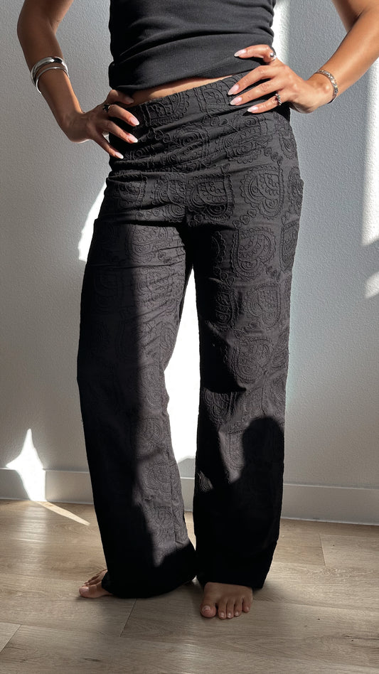 Embroidered Paisley Heart Cotton Pants