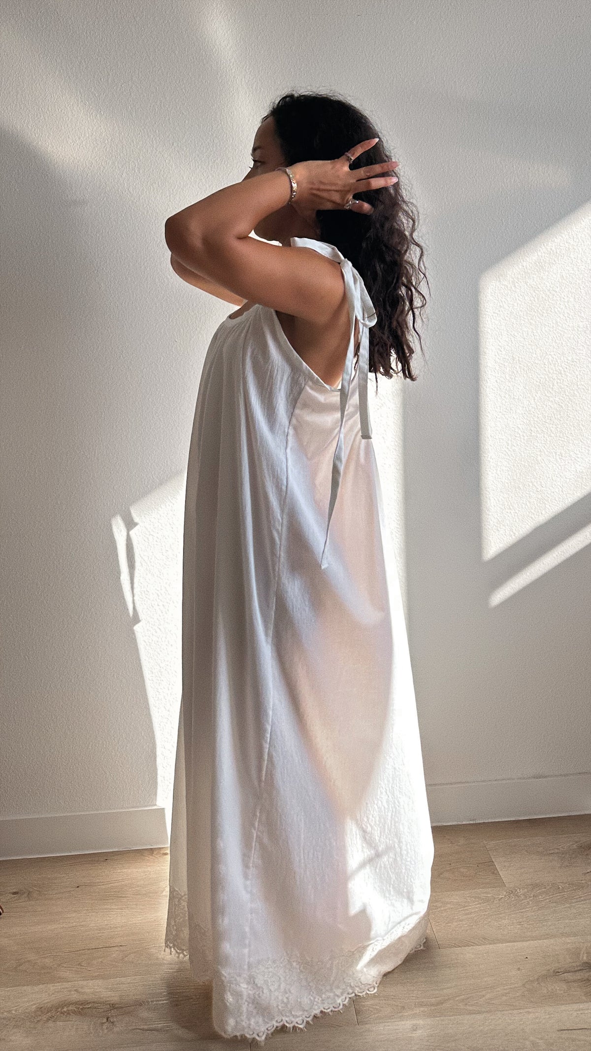Gathered Cotton Maxi Dress with Tie-Straps and Lace Trim