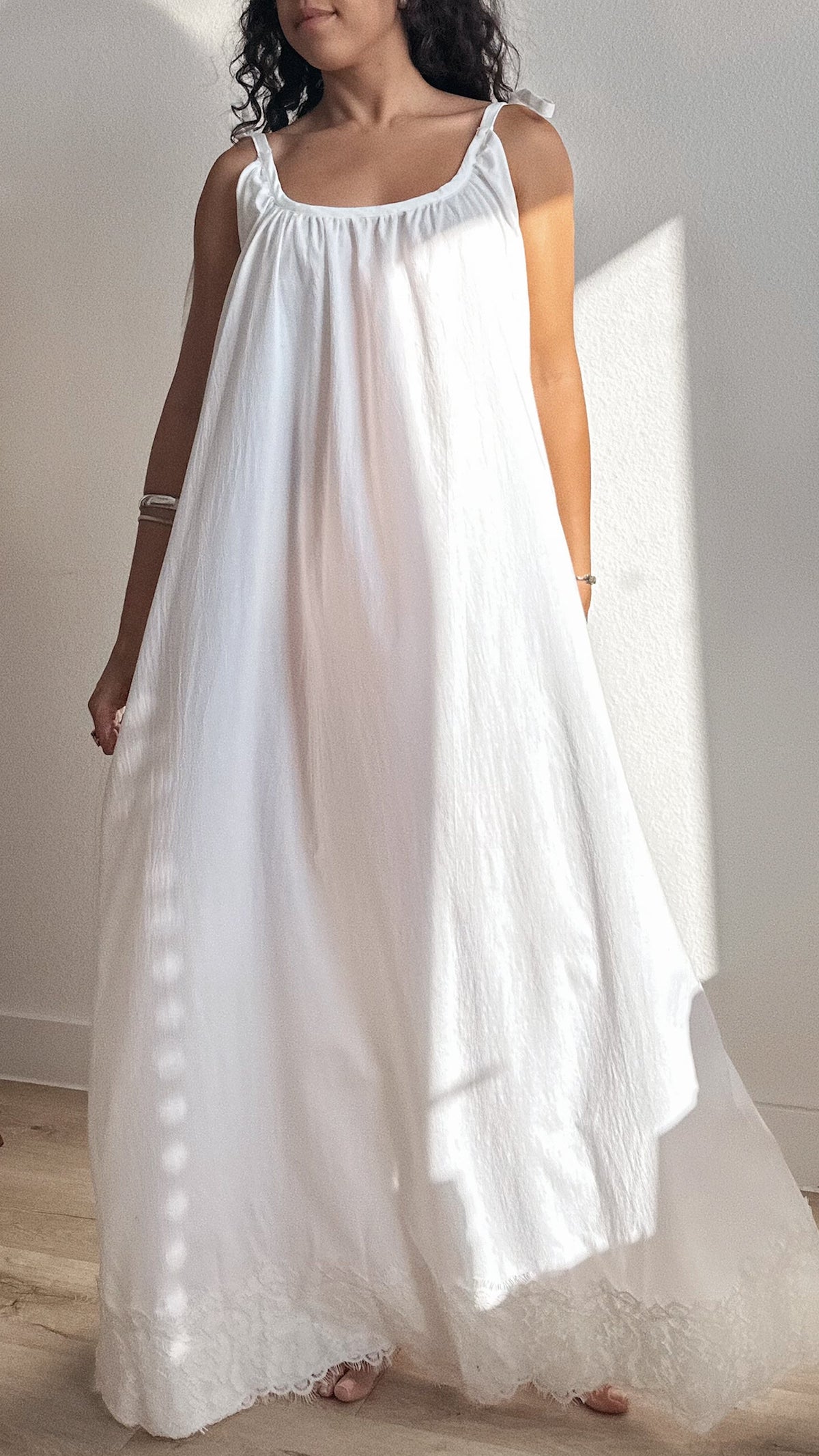 Gathered Cotton Maxi Dress with Tie-Straps and Lace Trim
