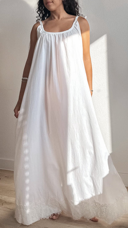 Gathered Cotton Maxi Dress with Tie-Straps and Lace Trim
