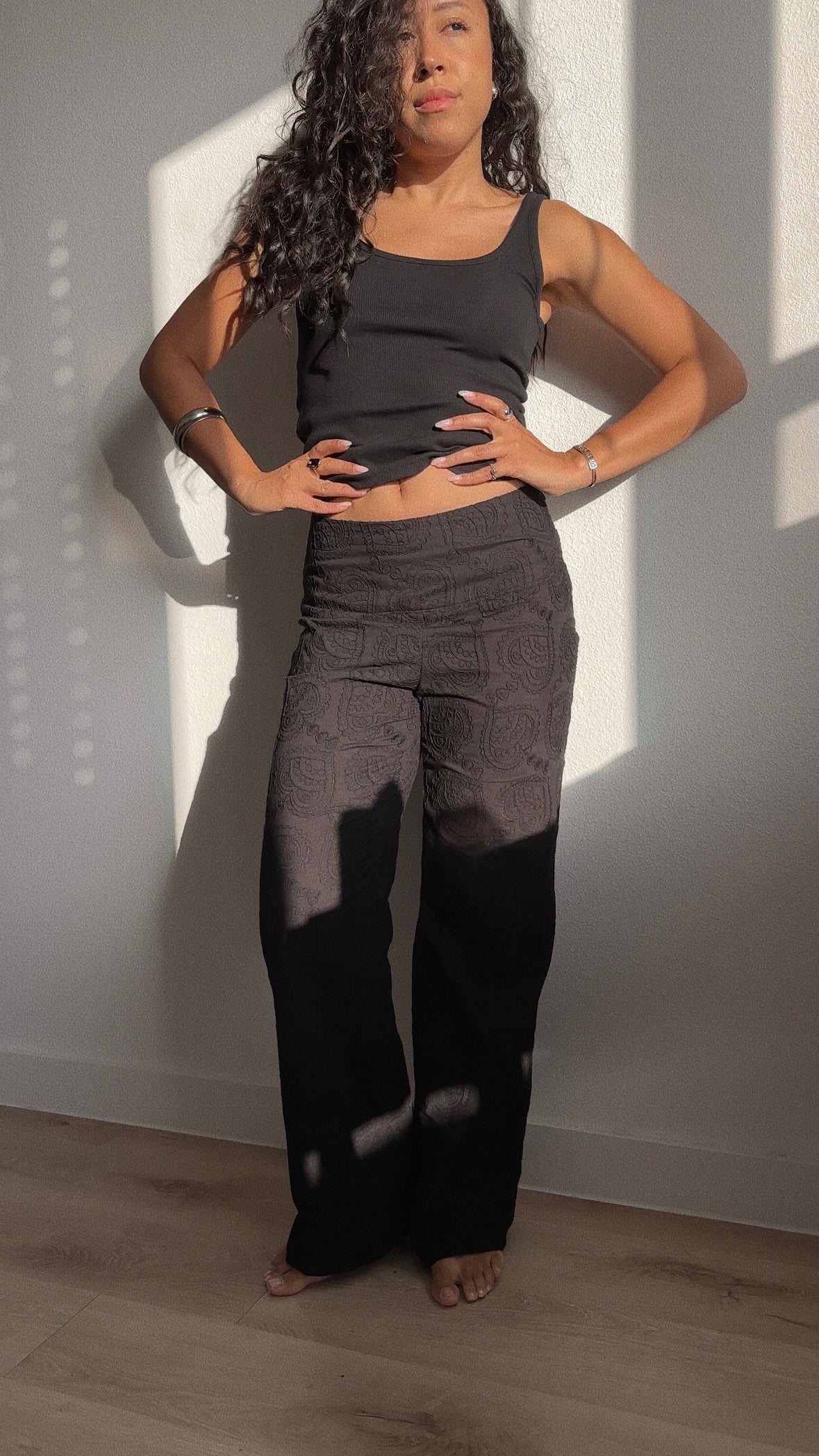 Embroidered Paisley Heart Cotton Pants