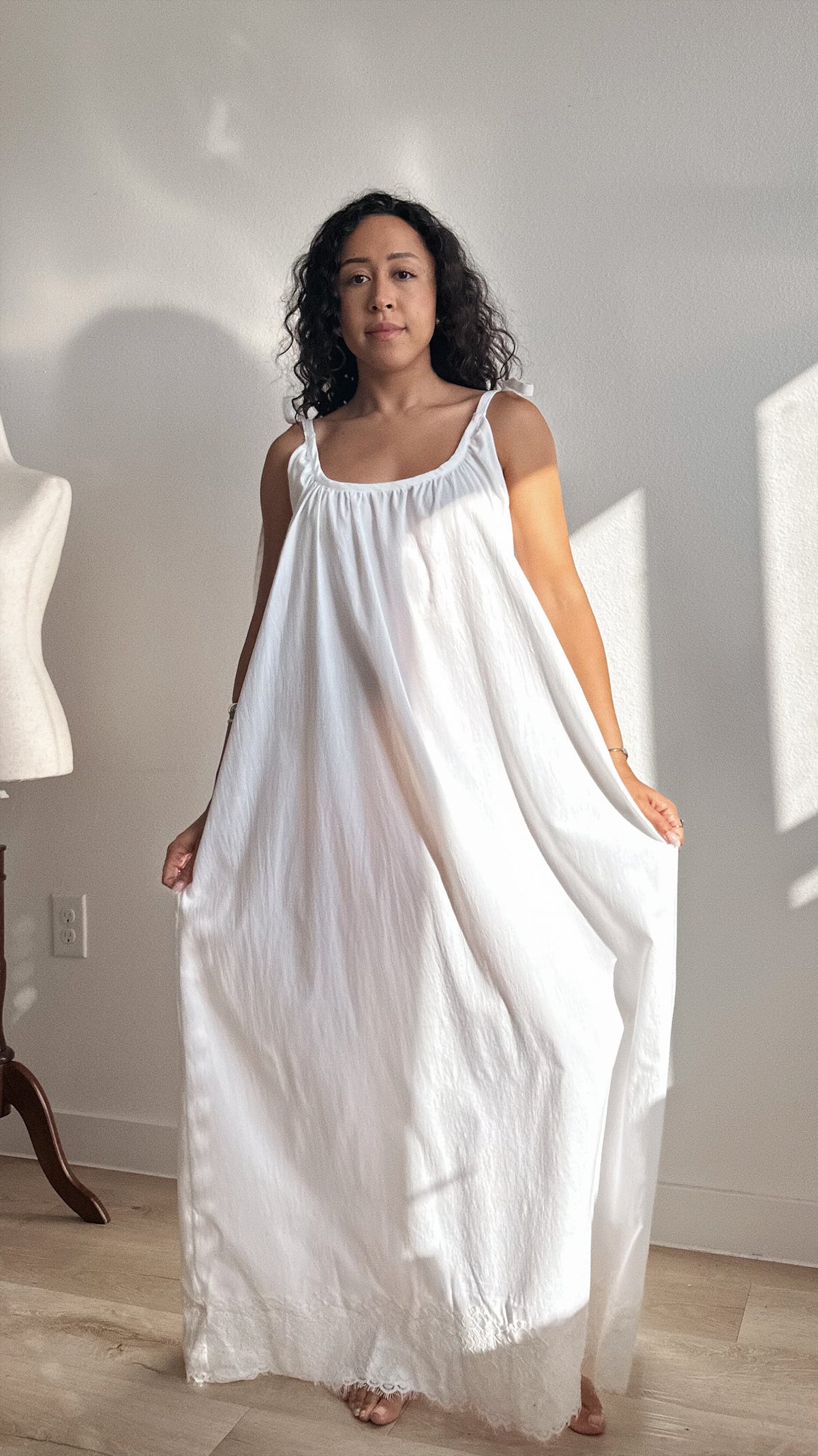 Gathered Cotton Maxi Dress with Tie-Straps and Lace Trim