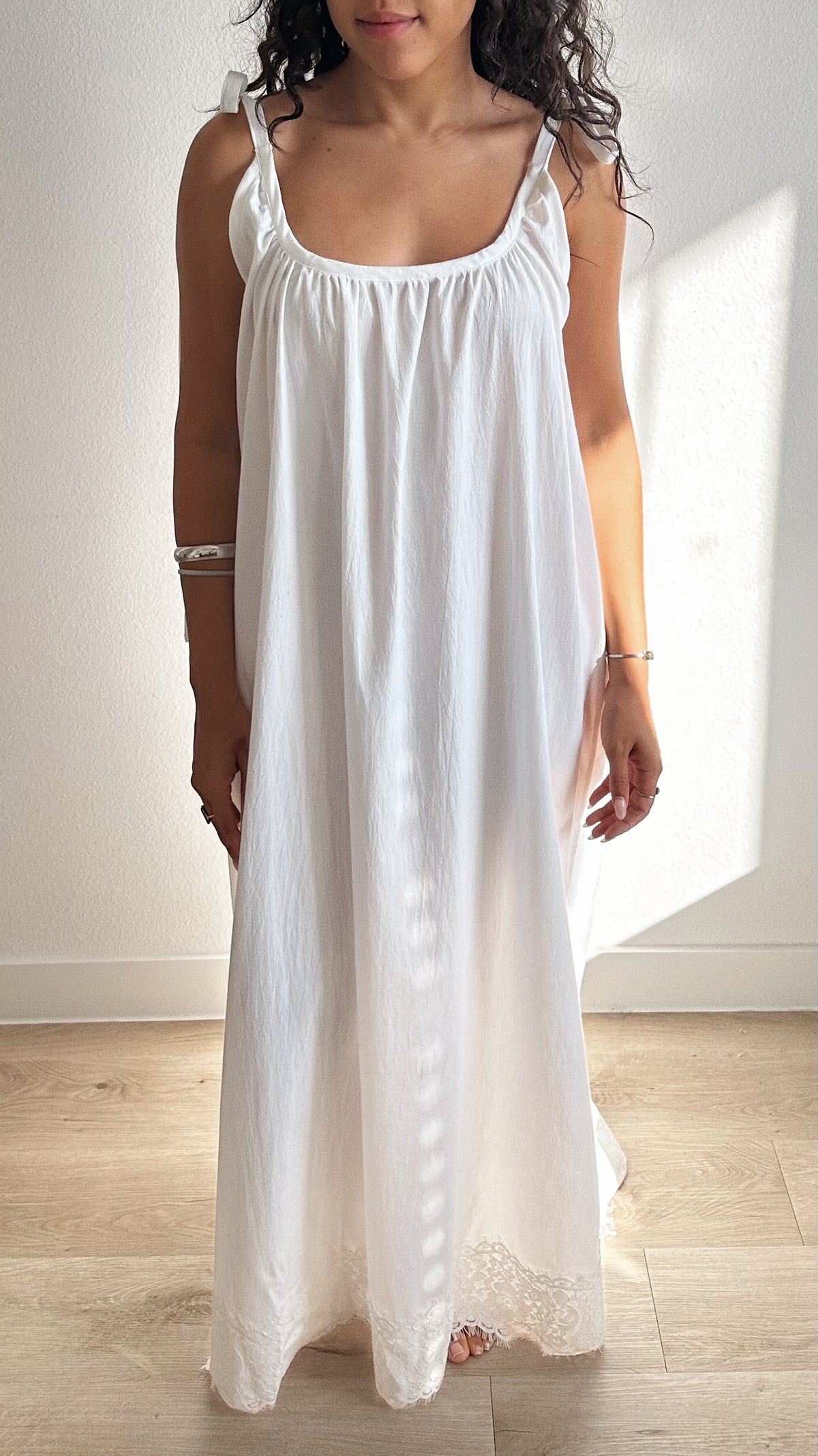 Gathered Cotton Maxi Dress with Tie-Straps and Lace Trim