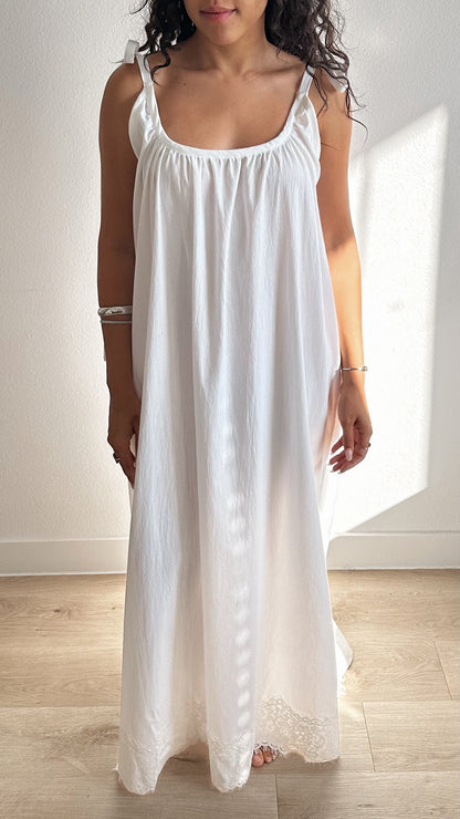Gathered Cotton Maxi Dress with Tie-Straps and Lace Trim